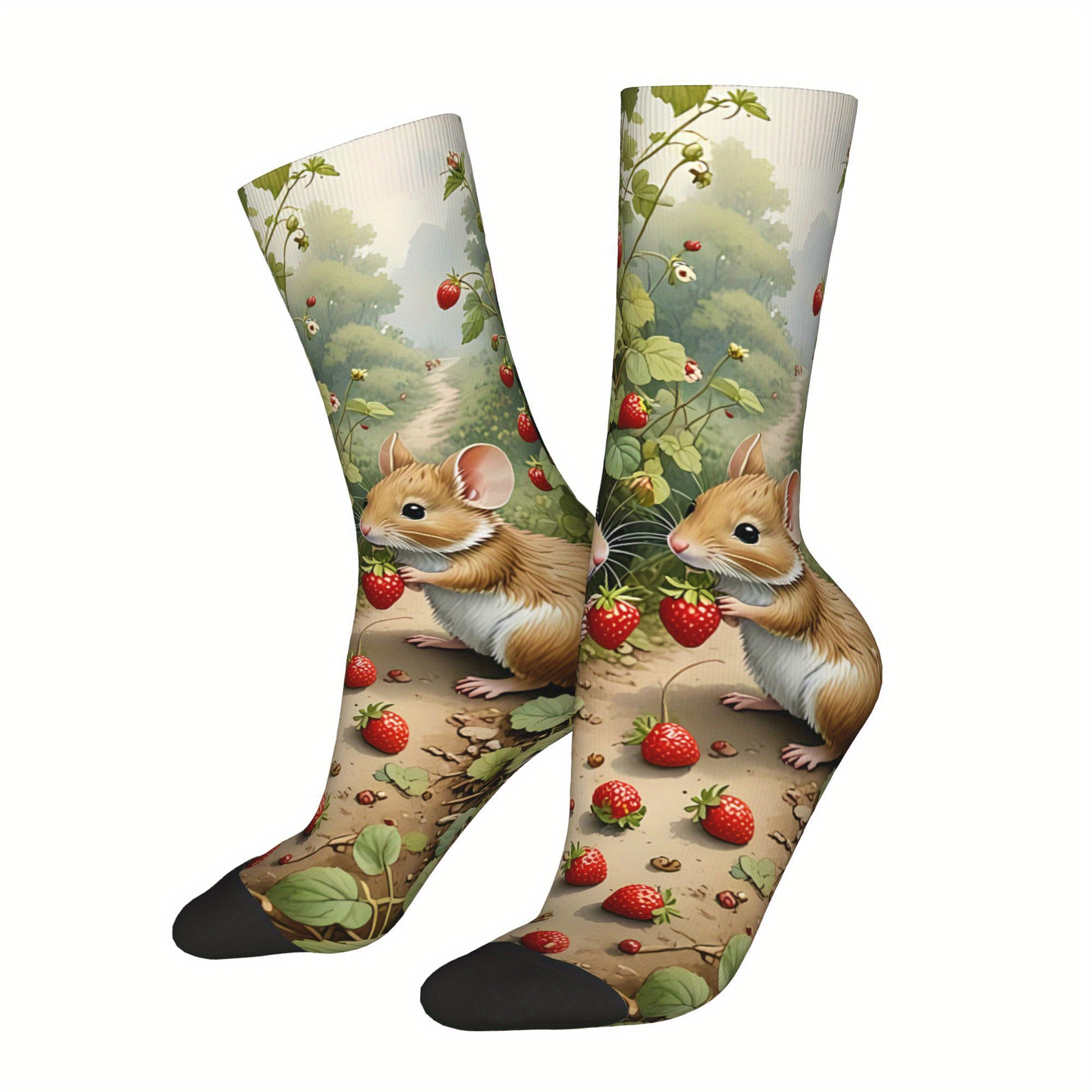 

1 Pair Men's Novelty Polyester Socks With Mouse And Strawberry Print, Knit Fabric, 95% Polyester 5% Elastane, Hand Wash/