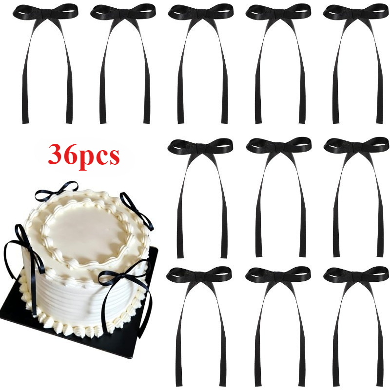 Image of 36pcs Bow-shaped Cake Decorations In Black Ribbons, Suitable For Cakes, Cupcakes, Baby Showers, Birthdays, Weddings, Valentine's Day, Christmas, Graduations, And More...
