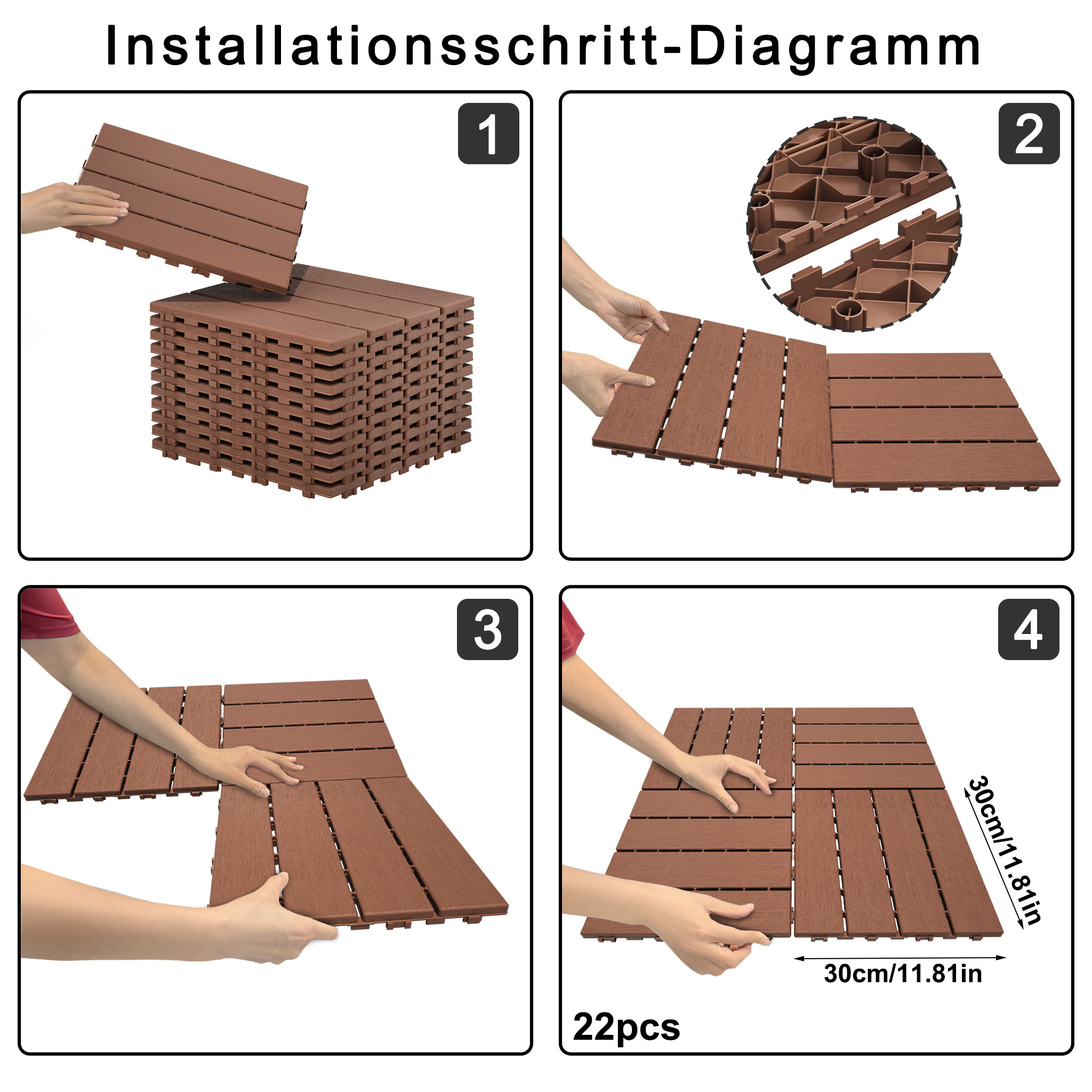 Image of 22pcs Click Tile Wpc Tiles Floor Panels Plastic Terrace Decking For Balcony Terrace Brown Easy To Clean