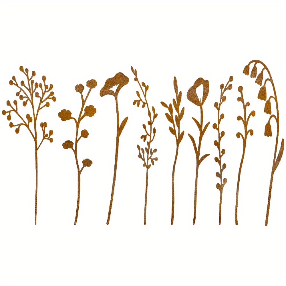 [2d Flat] 9pcs Rusted Metal Flower Bouquet Centerpiece - Wildflowers Plant Pot Decoration Stake For Garden Vase, Rustic Indoor/outdoor Floral Accent With Farmhouse - Rusty Iron Art (weatherproof)