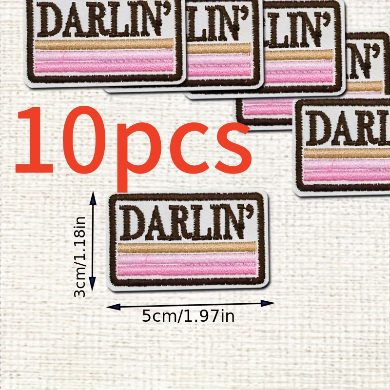TEMU 10pcs Of Darlin Western Embroidery , Mixed Colors, Brown Border And Pink Stripes, Diy Craft Applique For Boots, Hats And Clothing Decorations
