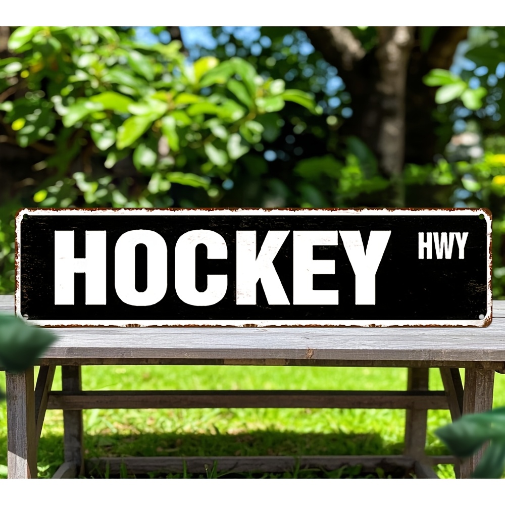 TEMU 2d Flat - Vintage Metal Wall Sign - "hockey Highway" Design, Measuring 4x16 Inches | Ideal For Rustic Decor In Homes, Bars, And Cafes | Durable