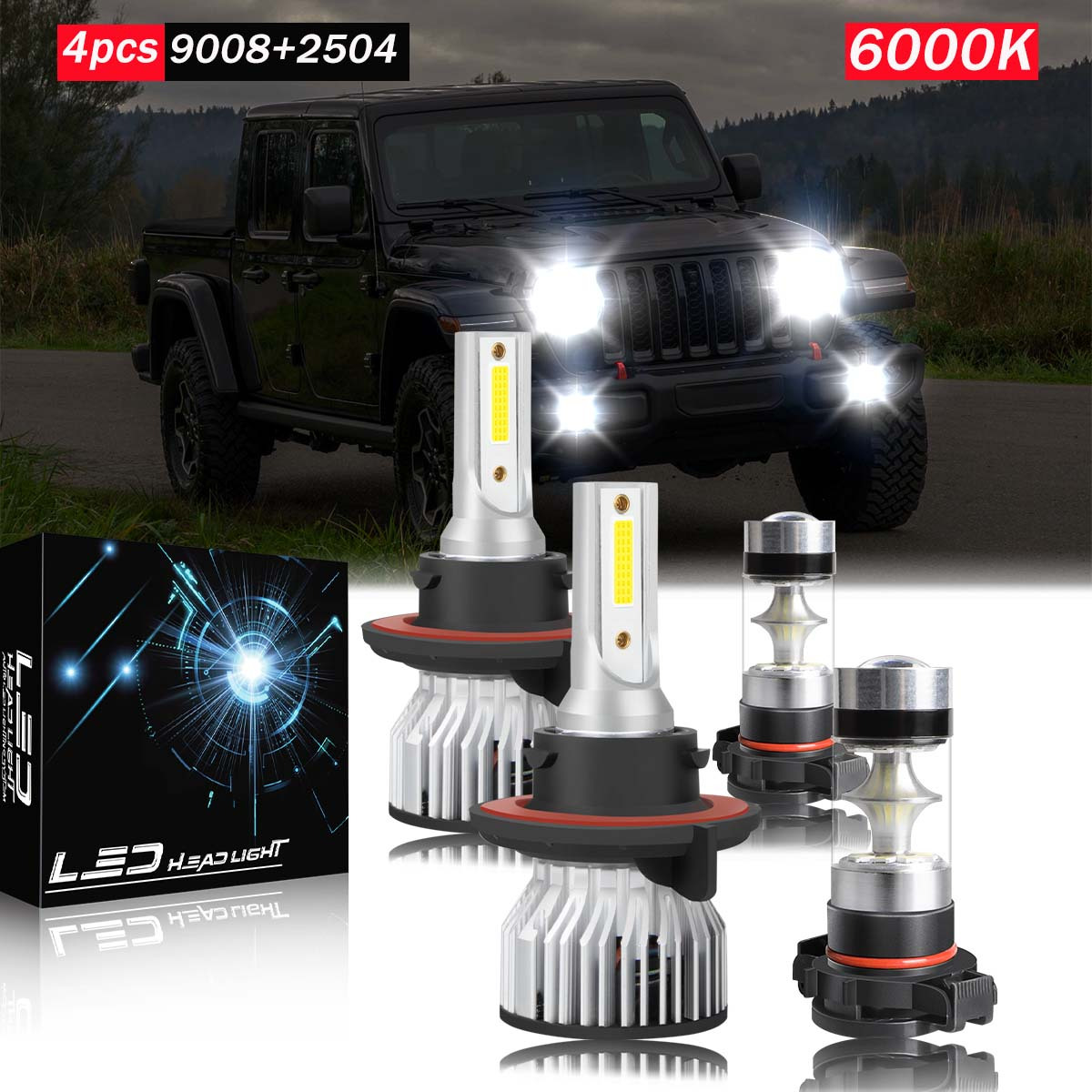 TEMU 6pcs, For Gladiator 2020-2022 Led Headlight Bulbs 9008 High/low Beam+2504/5202 Fog Lamp Bulbs, Cool White Light 6000k, Plug And Play, Fan Cooling, Headlight Bulbs Replacement Parts