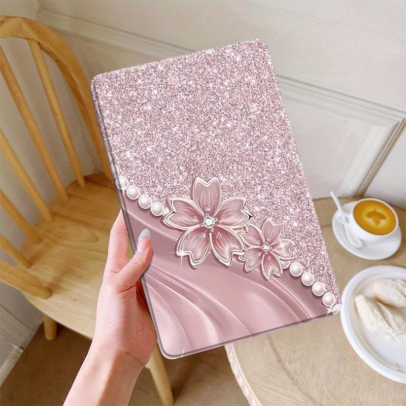 

Elegant Pink Floral & Tablet Case For Pad X8 Lite 10.1", Pad 9 12.1", X8a 11", 2 12.3", Pad 13, X9, X8 Pro 11.5" - Soft Leather With Sleep/wake , Foldable Stand