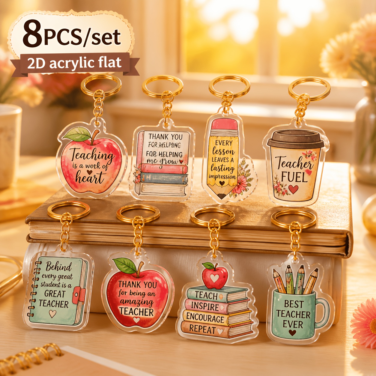 TEMU 2d Flat, 2d Plane-[2d Plane] 8 Colorful Motivational Acrylic Keychains For Teacher's Day, Featuring Inspirational Quotes For Educators, 2d Flat