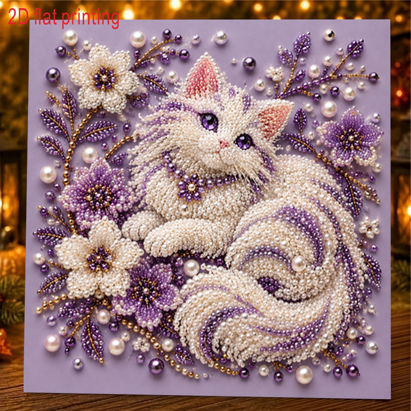 TEMU 1pc, 2d Flat Printing, Pearl Art Diamond Painting Kit Featuring A Purple And White Kitten With Beadwork, Surrounded By Beaded Flowers And Pearl