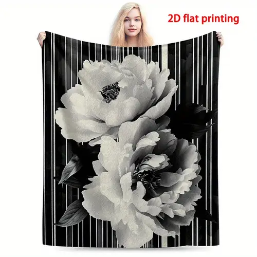 2D Flat, Polyester 200-250gsm Traditional Style Flannel Blanket - Black and White Floral Striped Design, Machine Washable All-Season Bedspread for Home, Travel & Holiday Decor, Bed Blanket, Home Decor Accessory, Classic Elegance, Soft Texture, Cozy Fabric, Coop Families, 2D Flat