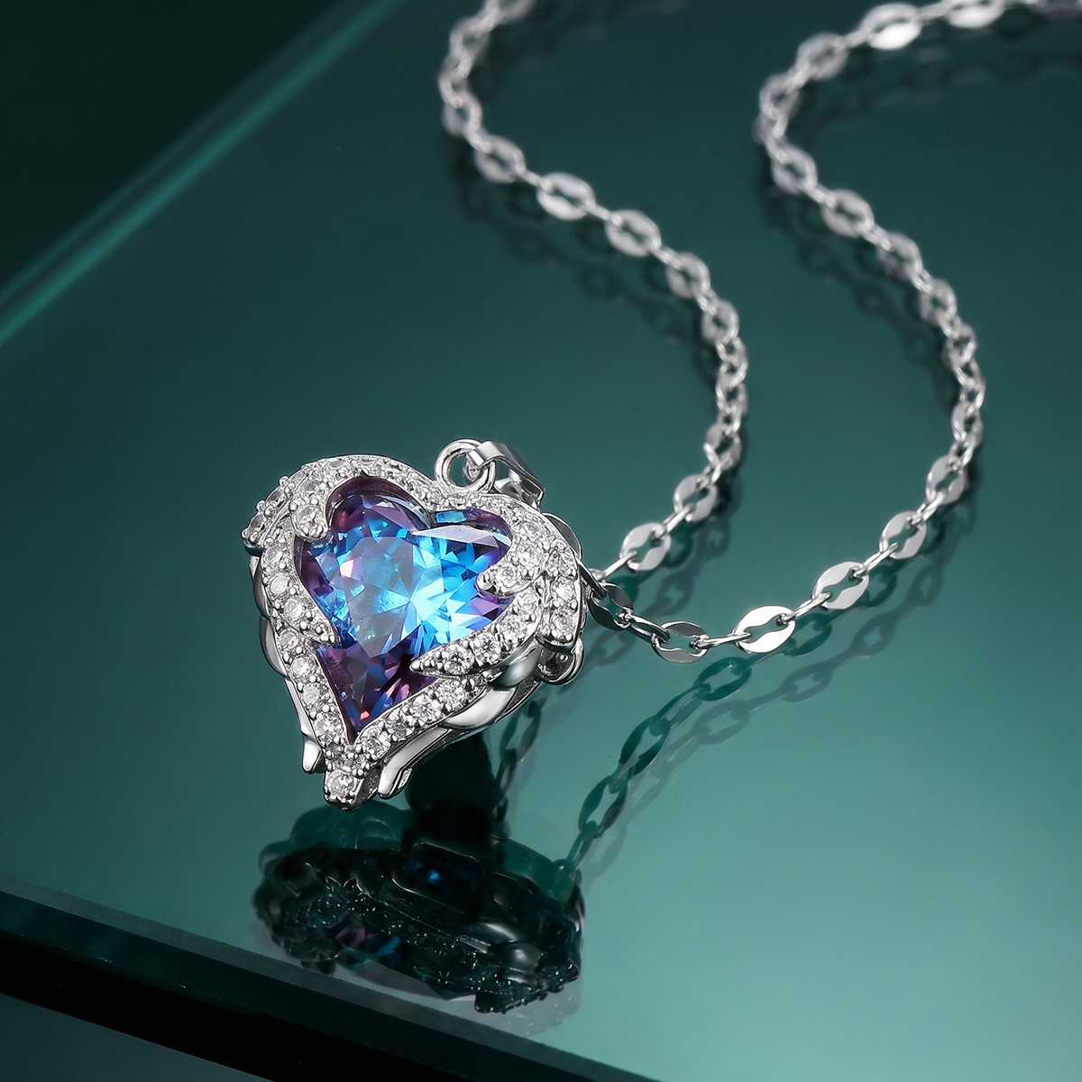 Image of Lnchran 1pc 316l Stainless Steel Plated Heart Pendant Necklace With Synthetic Gemstone & Micro Pave For Women