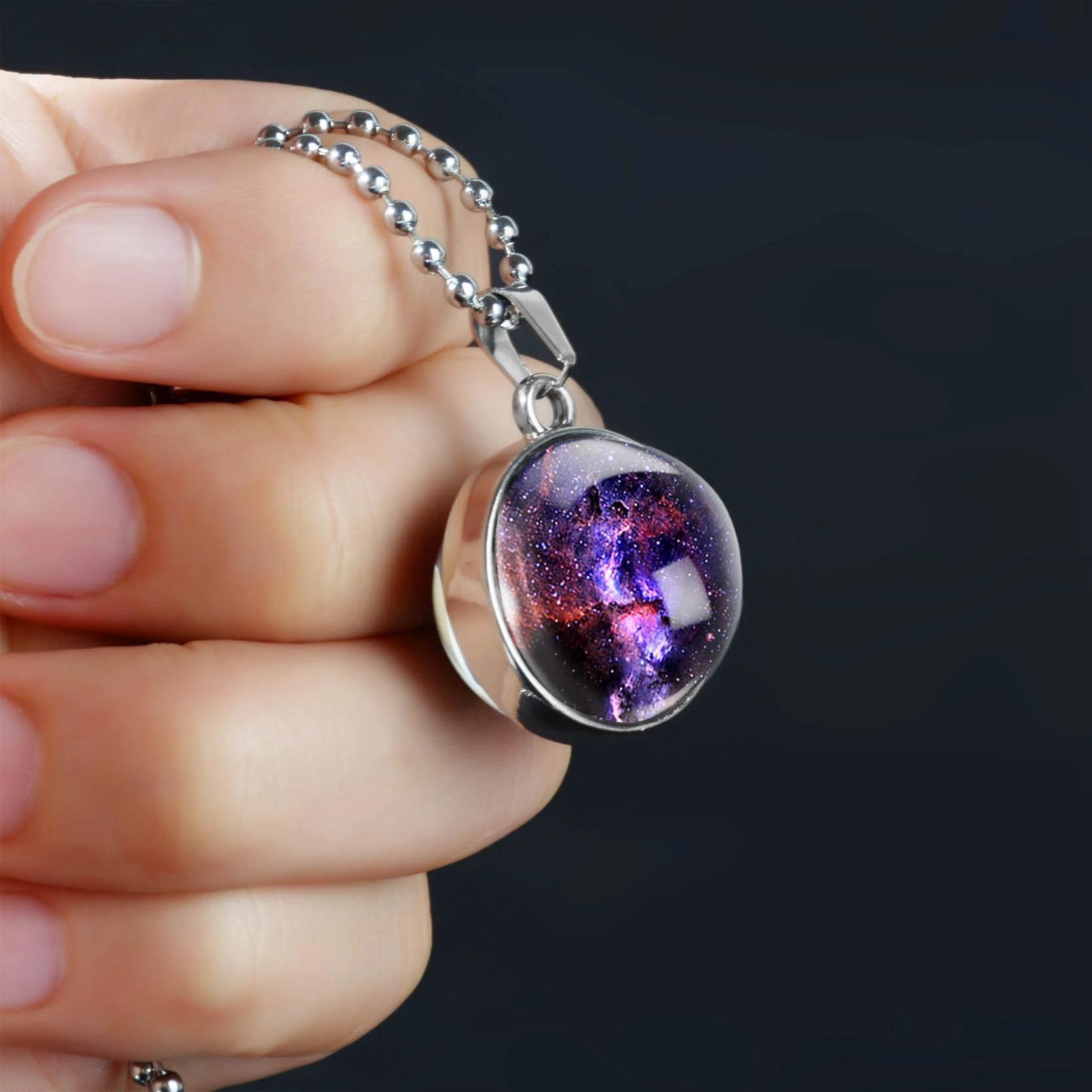 Double-Sided Galaxy Star Cabochon Glass Pendant Necklace