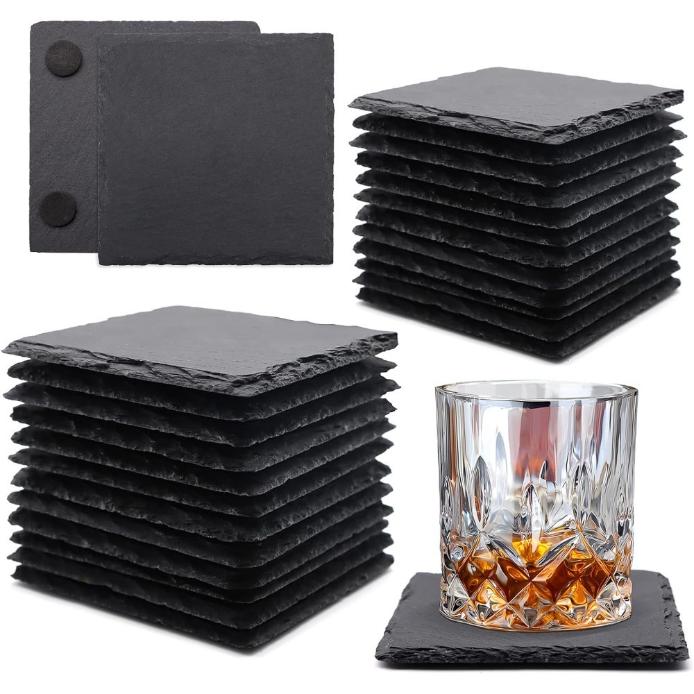 28 Pack Slate Drink Coasters, 4 Inch Stone Coasters Bulk Cup Coasters Laser Engraving Blanks With Anti-scratch Bottom For Drink Coffee Bar Kitchen Home Decor