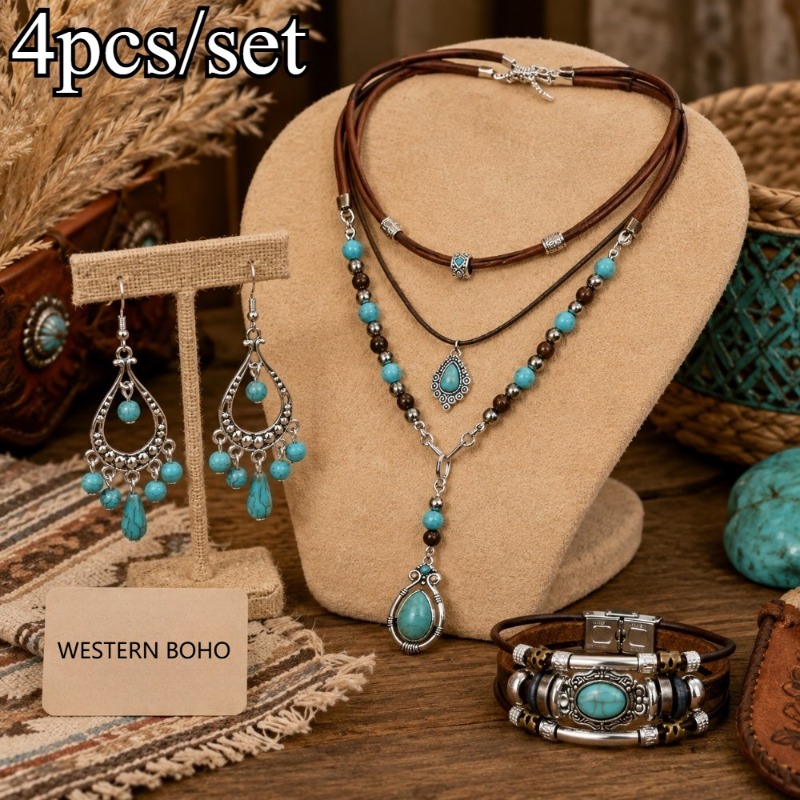 TEMU 4pcs Western Boho Jewelry Set For Women - Vintage Turquoise Teardrop Tassel Pendant Necklace, Dangle Earrings & Bracelet, Ethnic Statement
