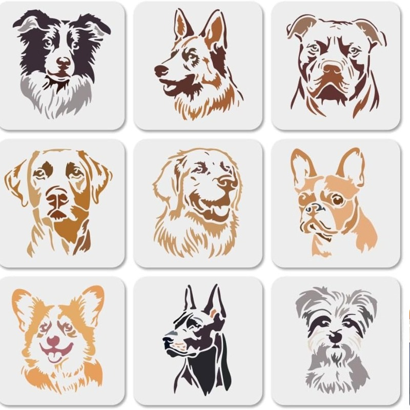 TEMU Set Of 9 Dog-themed Painting Stencils Featuring Adorable Designs, Each Measuring 7.8×7.8 Inches. Reusable Templates Come With A Paintbrush,