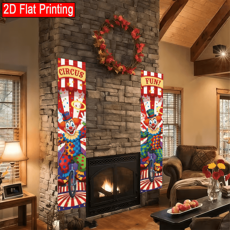 TEMU 2d Flat, 2pcs 2d Flat Circus Themed Porch Banner 12x70.8 Inch Polyester Door Couplet, Clown, , Ribbon, , Suitable For Outdoor And Courtyard Use