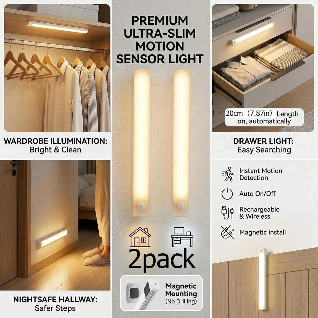 TEMU 2-pack Led Motion Sensor Light Strips - Usb Rechargeable Magnetic Night Lights For Kitchen, Cabinet, Hallway, Stairs, And Bedroom Decor,
