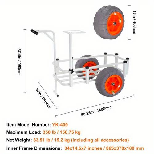 Heavy Duty Fishing Cart with 350 lbs Capacity 16 Inch PU Balloon Tires for Sand Lightweight Aluminum Trolley with 8 Rod Holders for and Marine Use