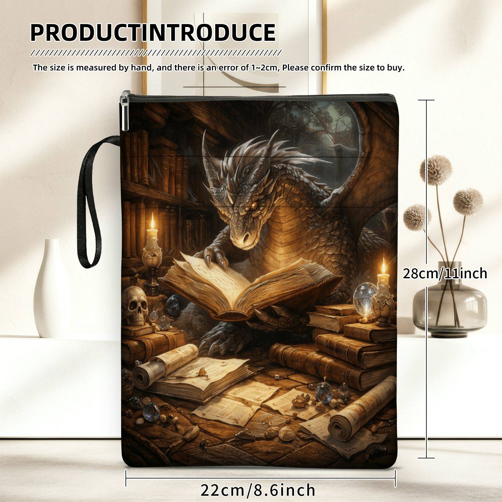 TEMU 1 Housse de livre à motif de de dragon avec fermeture éclair - Protecteur de livre et sac de rangement, poche pour étudiants, enseignants,