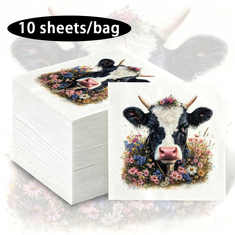 TEMU Elegant Retro Cow Print Floral Party Napkins, Pastoral Sea Of Flowers Theme Tableware - Essential For Party Decor And , Romantic Countryside