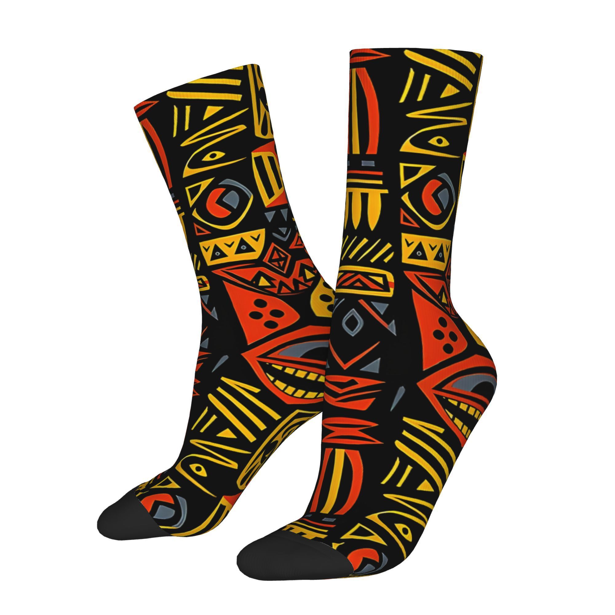 

1 Pair Men's African Tribal Pattern Knit Fabric Crew Socks, Polyester 95%, Elastane 5%, Hip Hop Style, With Hand Washable, For Novelty Gift