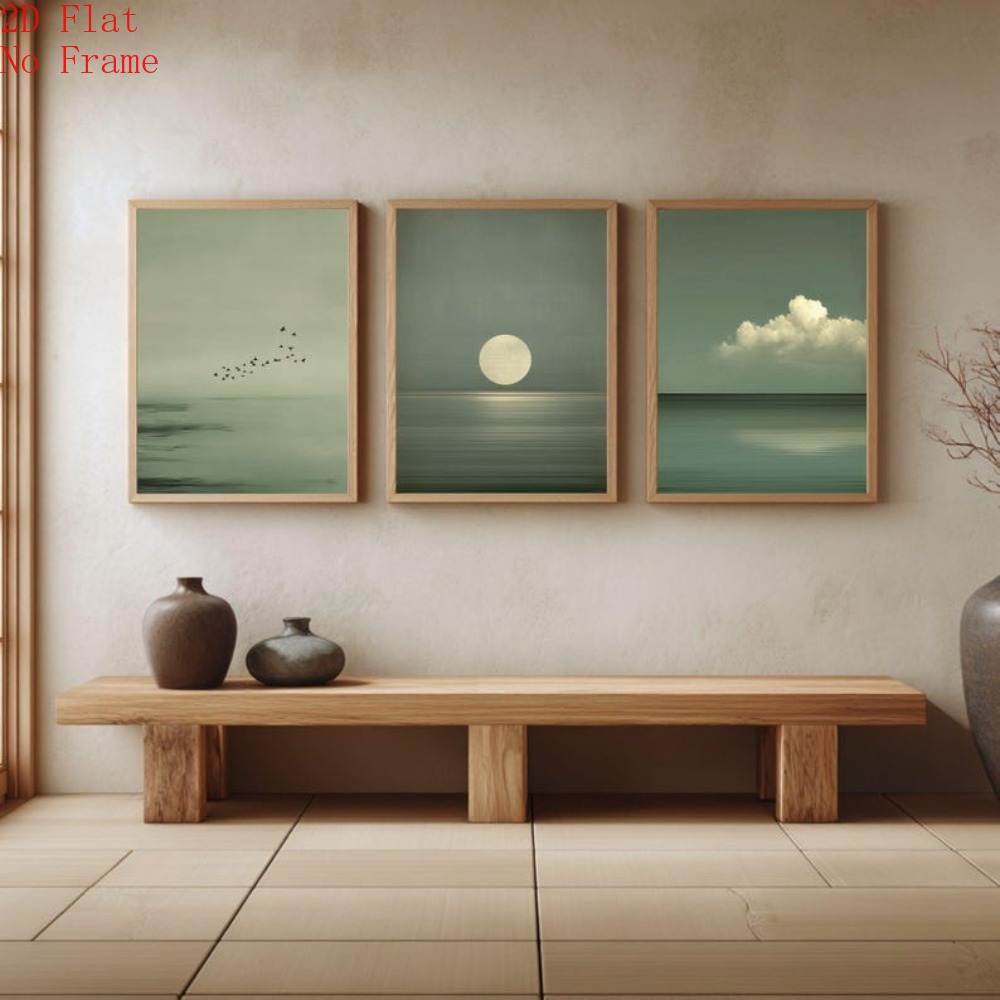 TEMU 2d Flat, 2d Flat, 2d Flat 3pcs Frameless Japanese Nordic Style Wall Art Set, Including Minimalist Sage Green Poster, Scandinavian Zen Decor, -