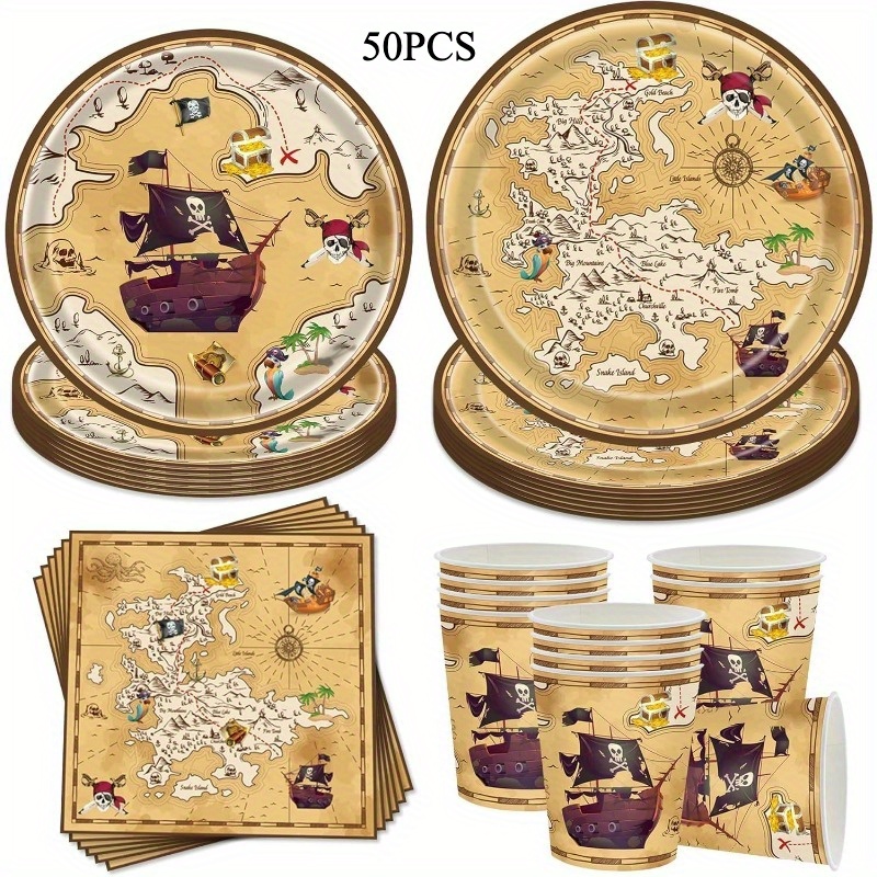 Image of 50pcs Pirate Party Supplies Set, Disposable Plates Cups Napkins For Birthday And Treasure Hunt Theme Parties