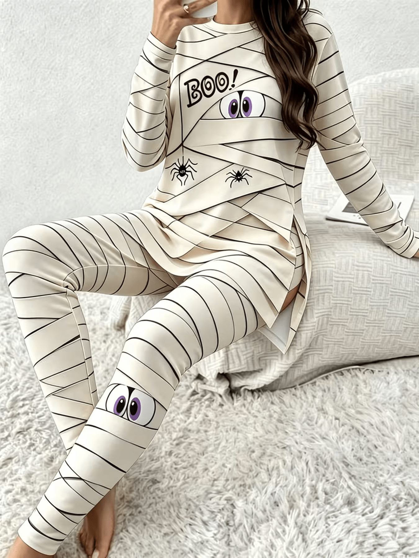 womens halloween   boo   print 2pcs set long sleeve split top leggings casual halloween party and   set   daily home and leisure outfits stylish long sleeve ensemble