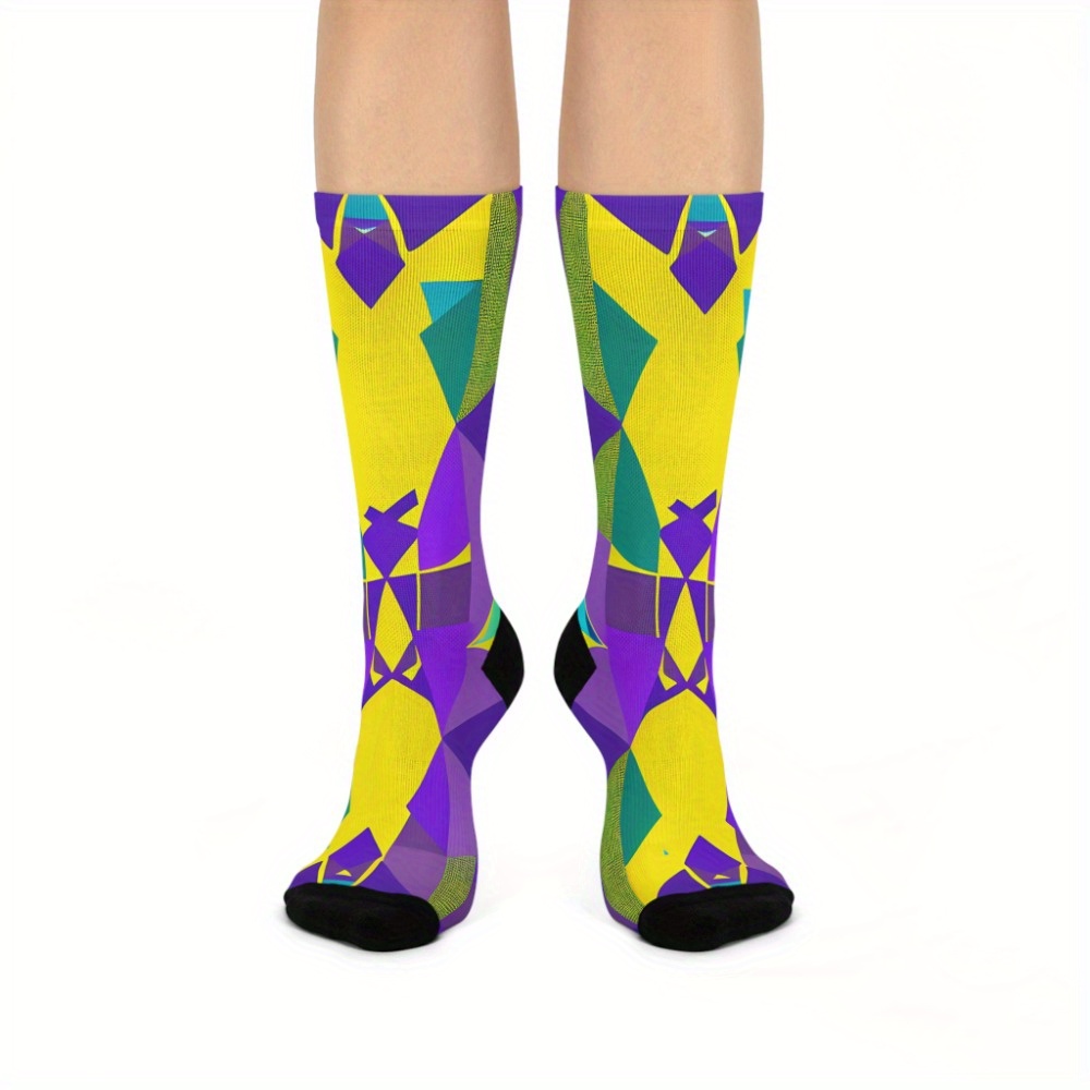 

1 Pair Cartoon Geometric Knee-high Socks - Vibrant Teal, Coral & Yellow With Black Accents, Polyester , Machine Washable - & Comfy For All , Cute Socks