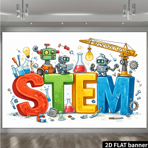 item picture stem themed classroom backdrop with robot science decor magnets chemistry calculator wall hanging suitable for schools parties photo backgrounds durable for indoor outdoor use no power required 2d flat