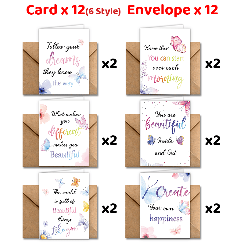 

24pcs All Greeting Cards With Envelopes, Thank You Cards, Watercolor Inspirational Quote Motivational Cards