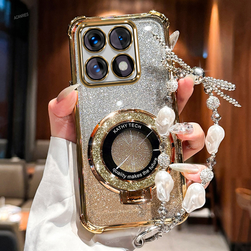 TEMU Phone Case - For Xiaomi14t Luxury Plating Shockproof Thickening Glitter Card Phone Case For Xiaomi Mi 14t With Sparkle Magnetic Bracket Elegant
