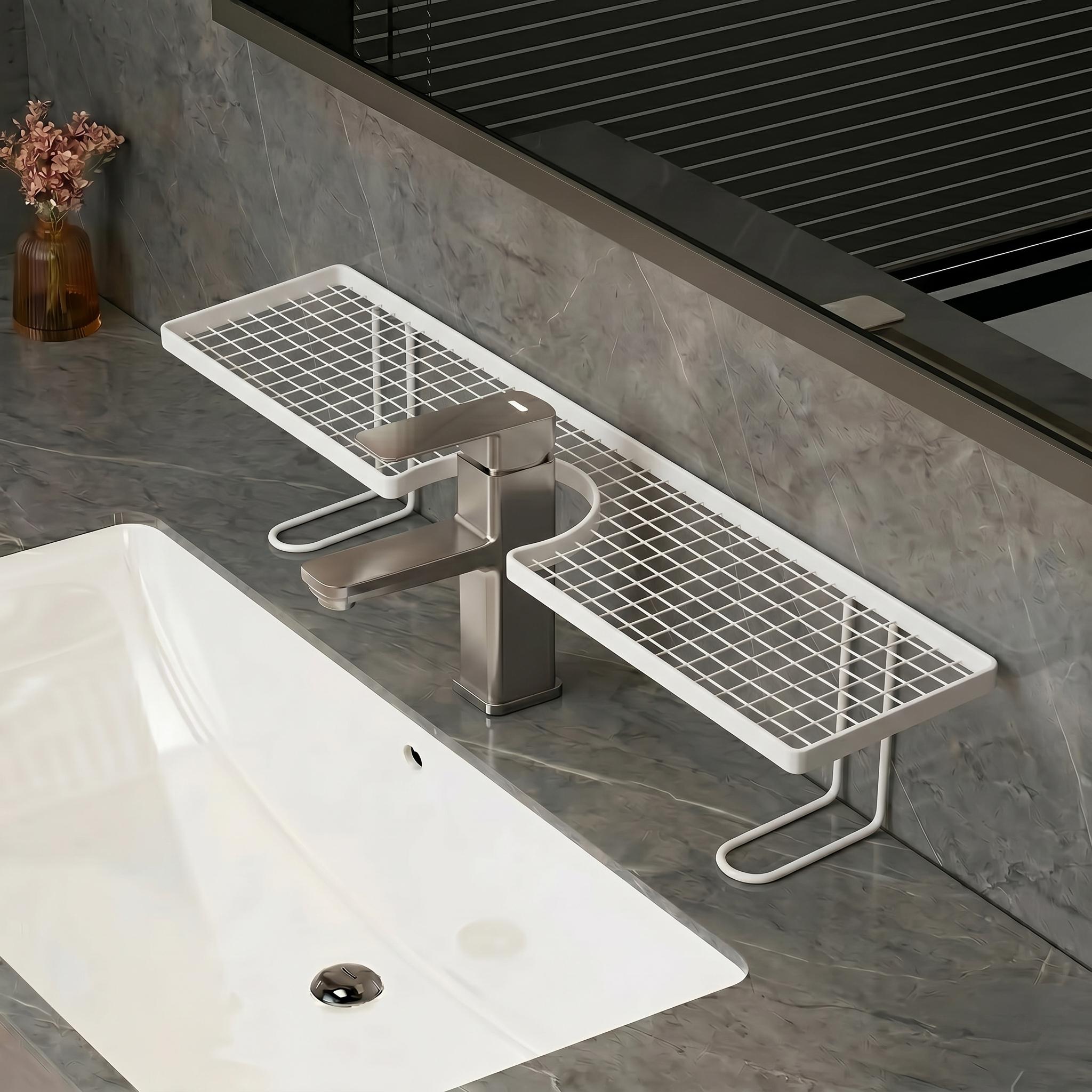 TEMU メタルシンク蛇口収納棚 カウンタートップ延長 鉄製メッシュ水切りラック 浴室トイレタリー収納ソリューション ドリル不要 ユーティリティラック