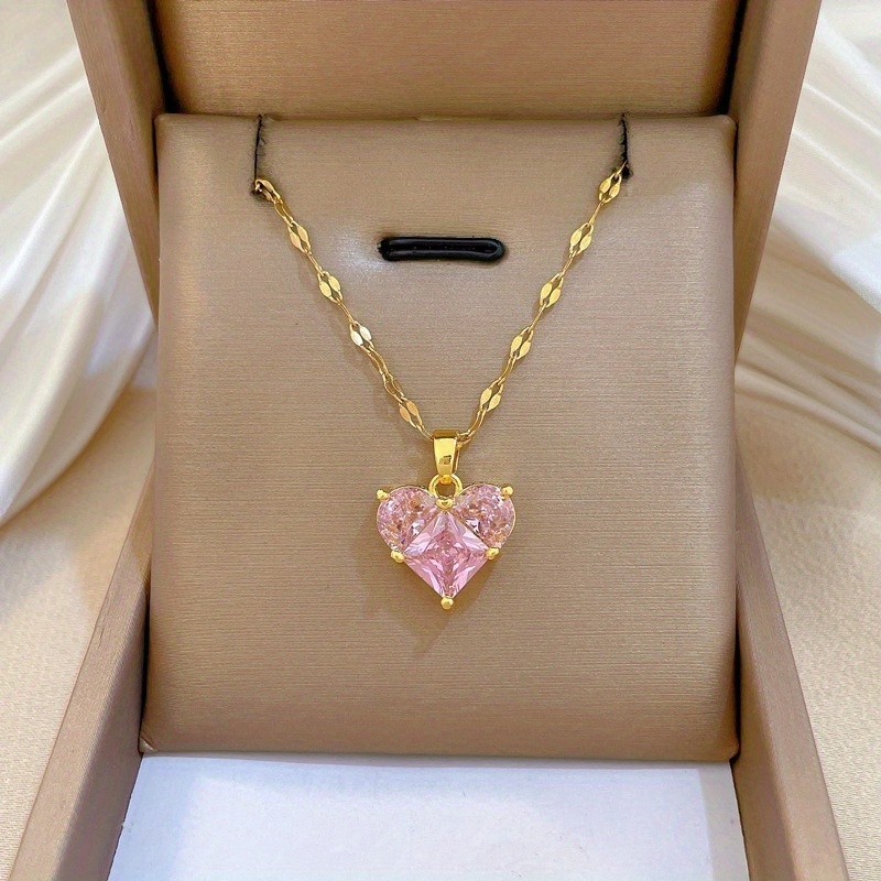 Image of Stainless Steel Gold Plated Heart Synthetic Zirconia Pendant Necklace Trendy Adjustable Chain Jewelry Birthday Gift For Women