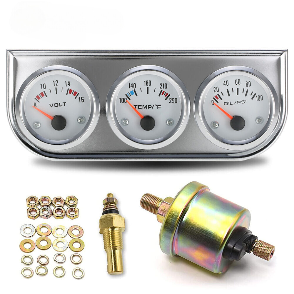 Universal 2.52mm Chrome Triple Gauge Set | Oil Pressure, Water Temp, Volt Meter 3in1, Chrome Panel Car Meter Kit