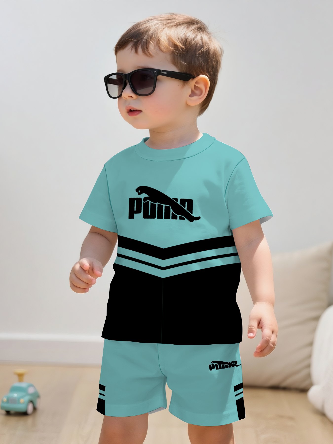 Boys' Creative Cool Blue-Green Letter Pattern 3D Print Design, Short-Sleeve Pullover Shirt and Sports Shorts Set, a Suitable Clothing Gift for Children. Made with Comfortable Fabric, Ideal for Summer, This 2pcs Leisure and Sports Set Is Perfect Fo