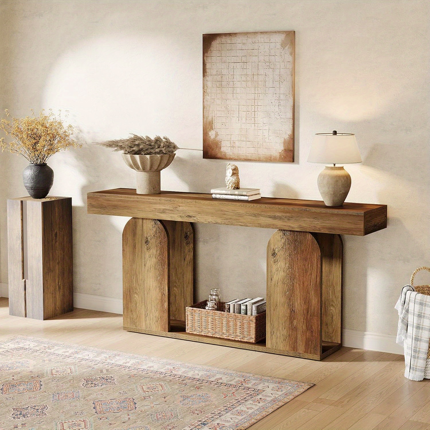 70.1 mesa de consola estilo granja extra larga - mesa para sofá resistente con estante de almacenamiento, 2 niveles, acabado en madera sintética y mdf, ideal para sala, pasillo o entrada - montaje, organización , diseño , construcción , 7