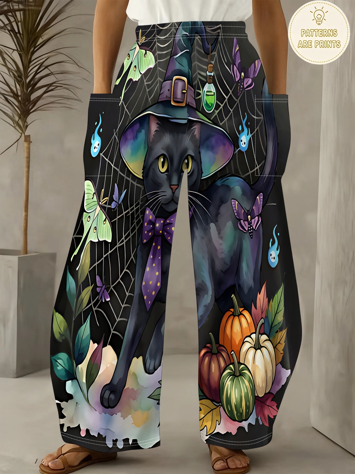 item picture plus size womens halloween black cat   hat printed wide leg pants black background   web moth bow black cat pumpkin     elastic waist multi pocket casual long trousers