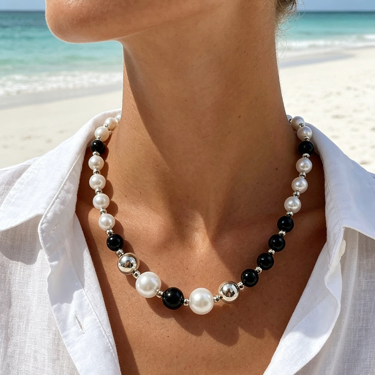 TEMU 1 Collar Versátil Ajustable con Perlas de Negras Redondas, Cuentas y Cadena para Clavícula, Ideal para Combinar , Regalo para Fiestas y