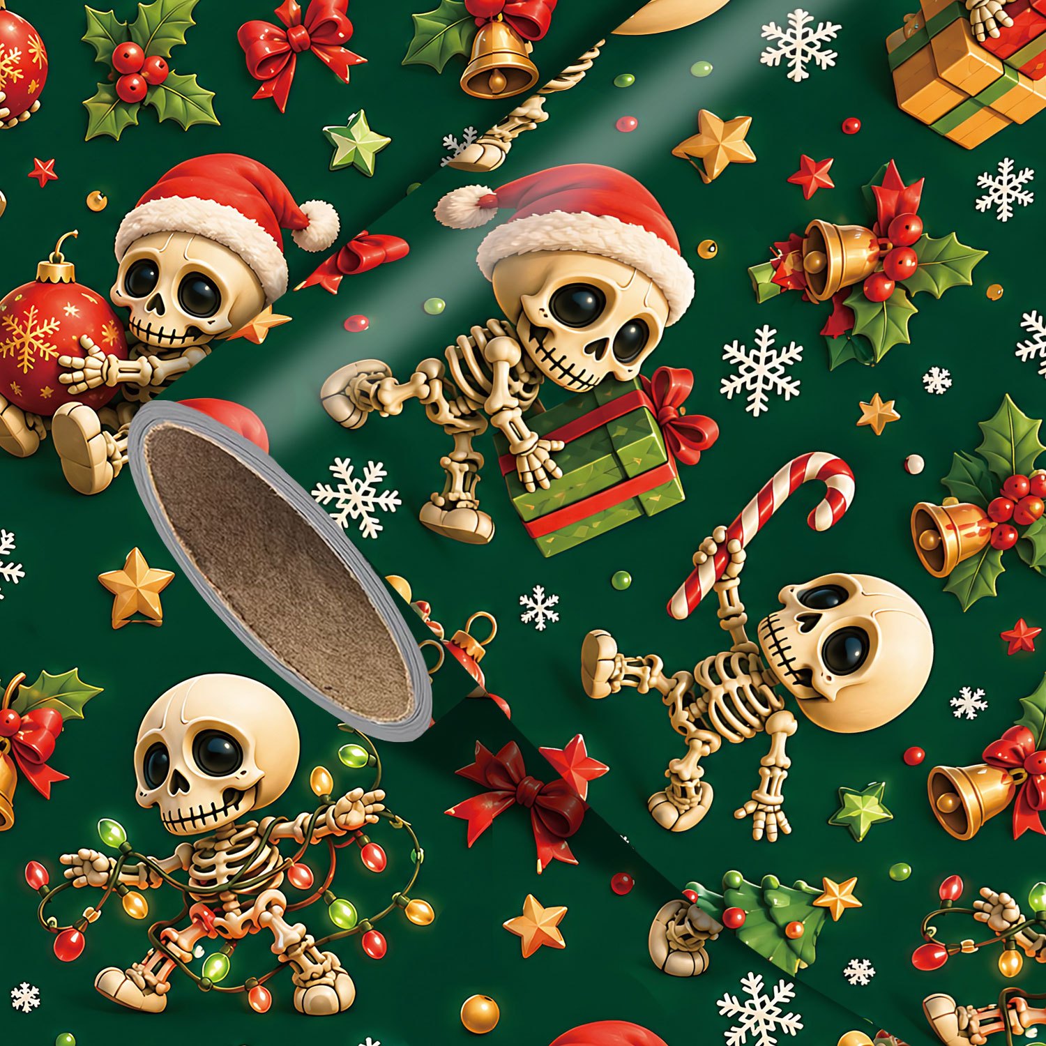 TEMU 1 Christmas Wrapping Paper Suitable For Xmas Gifts, Holiday Party Decorations With Skeletons In Santa Hats, , Bells, Bows, Holly, Candy Canes,