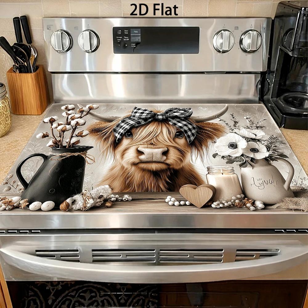 TEMU 2d Flat Cute Highland Cow With Bow & Floral Pattern Stove Cover Protector, Heat & Wear Resistant Counter Mat For Gas, Glass, Induction Cooktops,