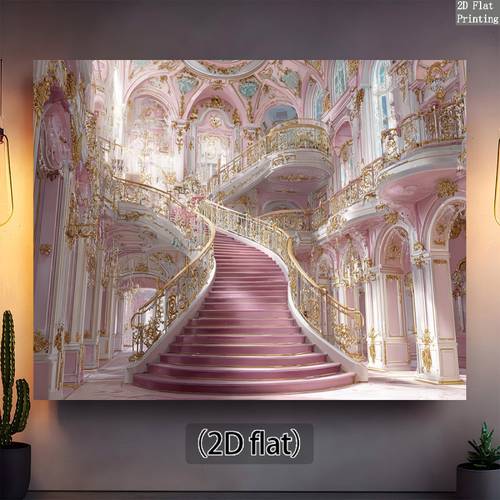 2d flat 1pc elegant backdrop with staircase golden ornaments pink luxury royal ballroom suitable for weddings birthdays photo shoots studio background durable fabric decor for event photography no electricity needed
