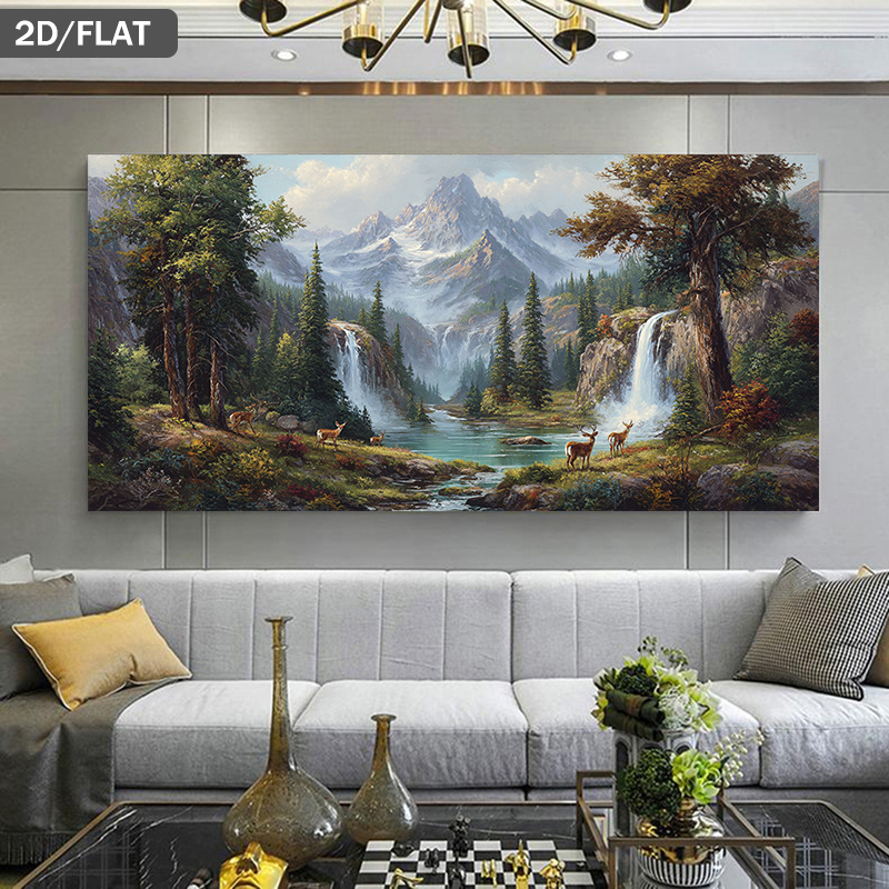 1pc Wall Art Canvas: Deer in Mountain Waterfall Landscape with Deer - Frameless Modern Print Suitable for Living Room and Bedroom Decoration - Minimalist Mountain Deer Waterfall Painting, 2D Flat