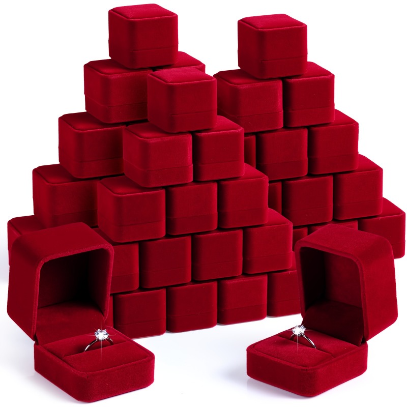 TEMU 12pcs Ring Box Set, Wine Red Jewelry Display And Storage Box With Secure Latch Closure, Elegant Lined Fabric Box For Wedding Proposals, Holiday