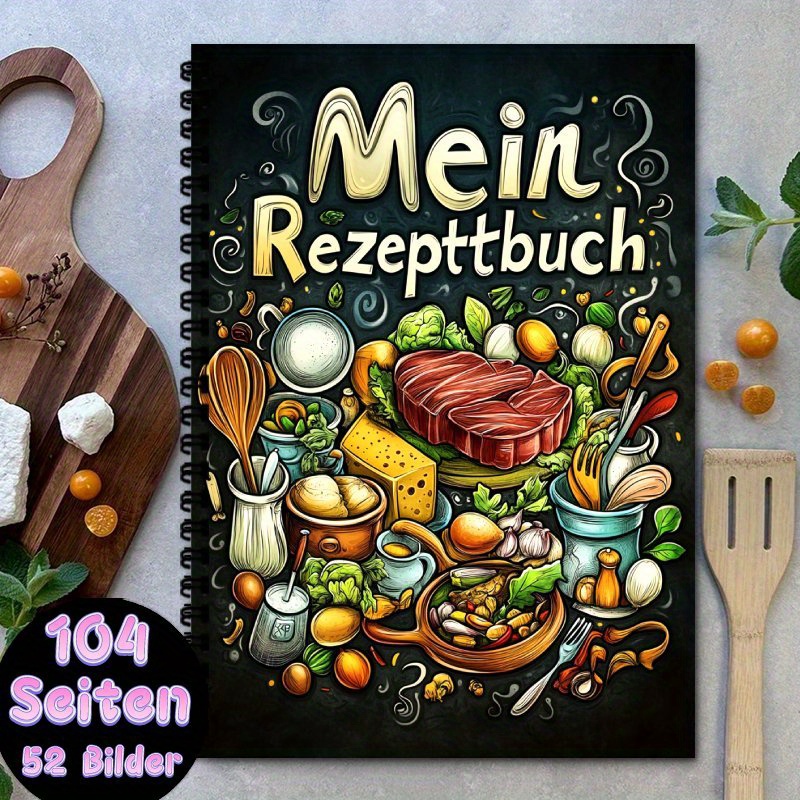 TEMU 1pc A5 Fun German Recipe Notebook - Blank Personal Recipe Notebook, Black Spiral Bound, Can Hold Up To 100 Recipes. Homemade Menu Health Recipe