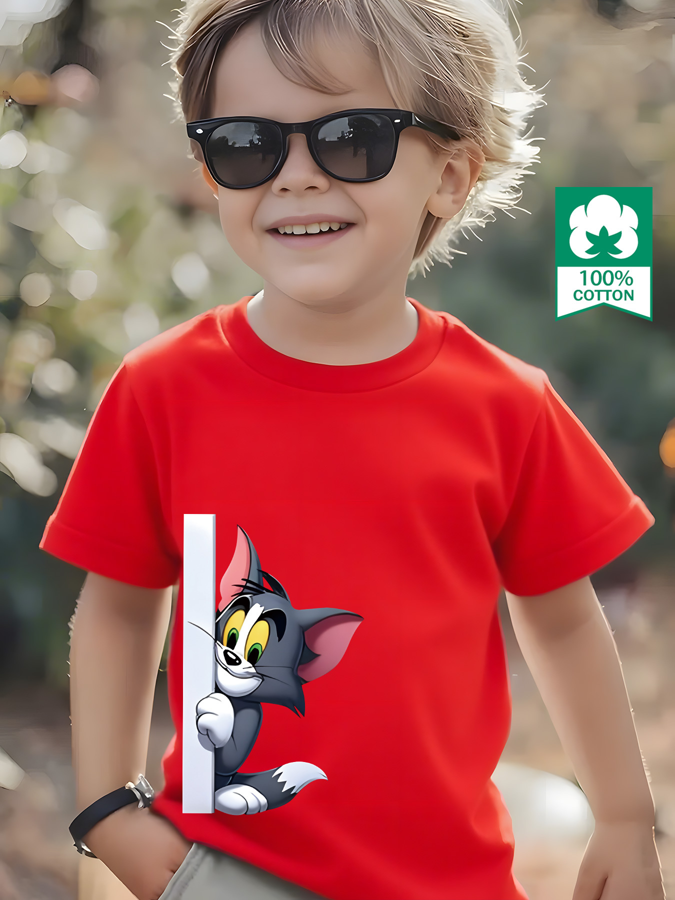 100% Pure Knitted Short-Sleeve T-Shirt, Breathable And Sweat-Absorbing, a Casual And Versatile Round-Neck Short-Sleeve Top for Boys, Featuring a Cute TOM And JERRY Cartoon Print, Machine Washable - Available in 10 Options, Sweat-Resistant