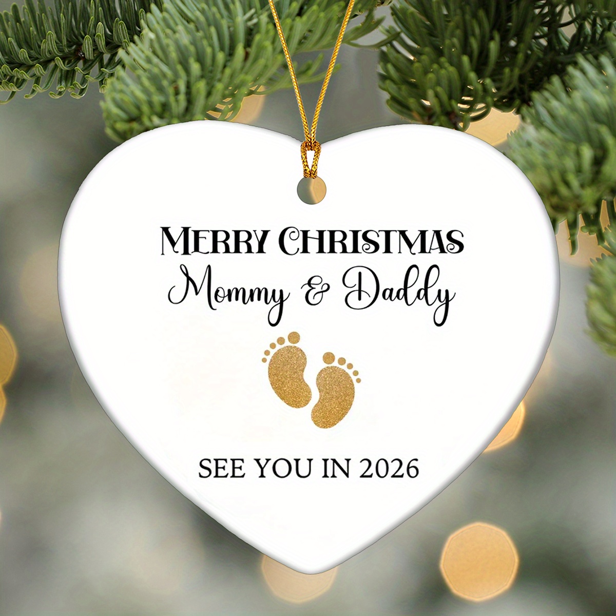 2d Flat, 1pc Baby Footprints & Heart Acrylic Ornament - "merry Christmas Mommy & Daddy In 2025" New Baby Reveal Gift For Expectant Parents, 2025 , Christmas Tree Hanging Decoration, 2d Flat