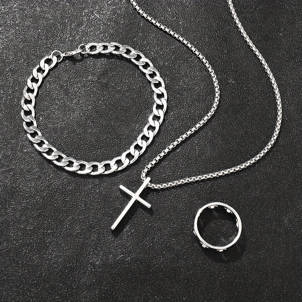 Conjunto de Joyería de Moda para Hombre de 3 Piezas, Pulsera Hip-Hop, Collar y Anillo, Aleación, Un Regalo Elegante para Novio/Marido