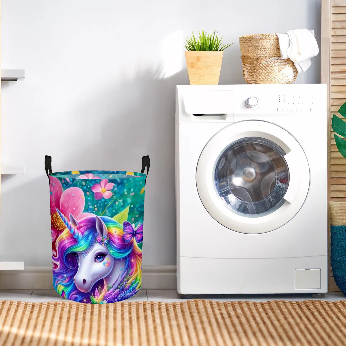 TEMU 1pc Colorful Unicorn Theme Laundry Basket, Dirty Clothes Basket, With Secure Handle, Round Storage Basket, Suitable For Room, Bathroom, Home