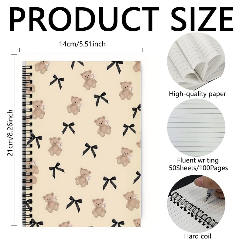 TEMU Carnet à spirale avec une coque rigide à motif en peluche et nœud - Un agenda délicat beige décoré de noir