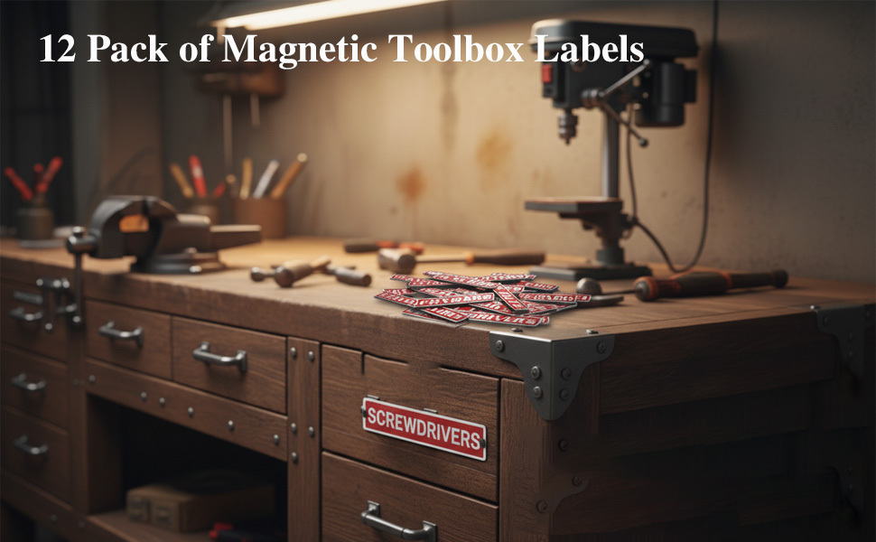 12枚磁 箱标签 - 带工具图标（扳手、螺丝刀、锤子）的重型磁性底座 - 适用于钢制工具箱、橱柜、抽屉 - 节省空间的工具整理系统，适用于车间与收纳 - 安装简便 商品详情 0