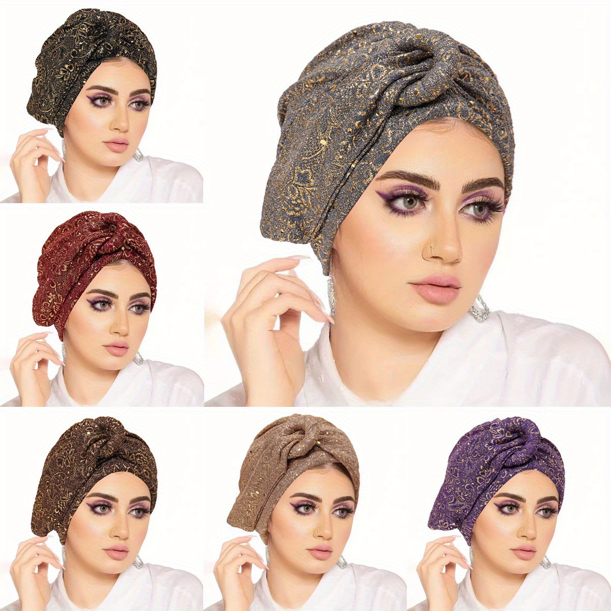 טורבן סריג מנצנץ לנשים בעל קישוטי פרחים