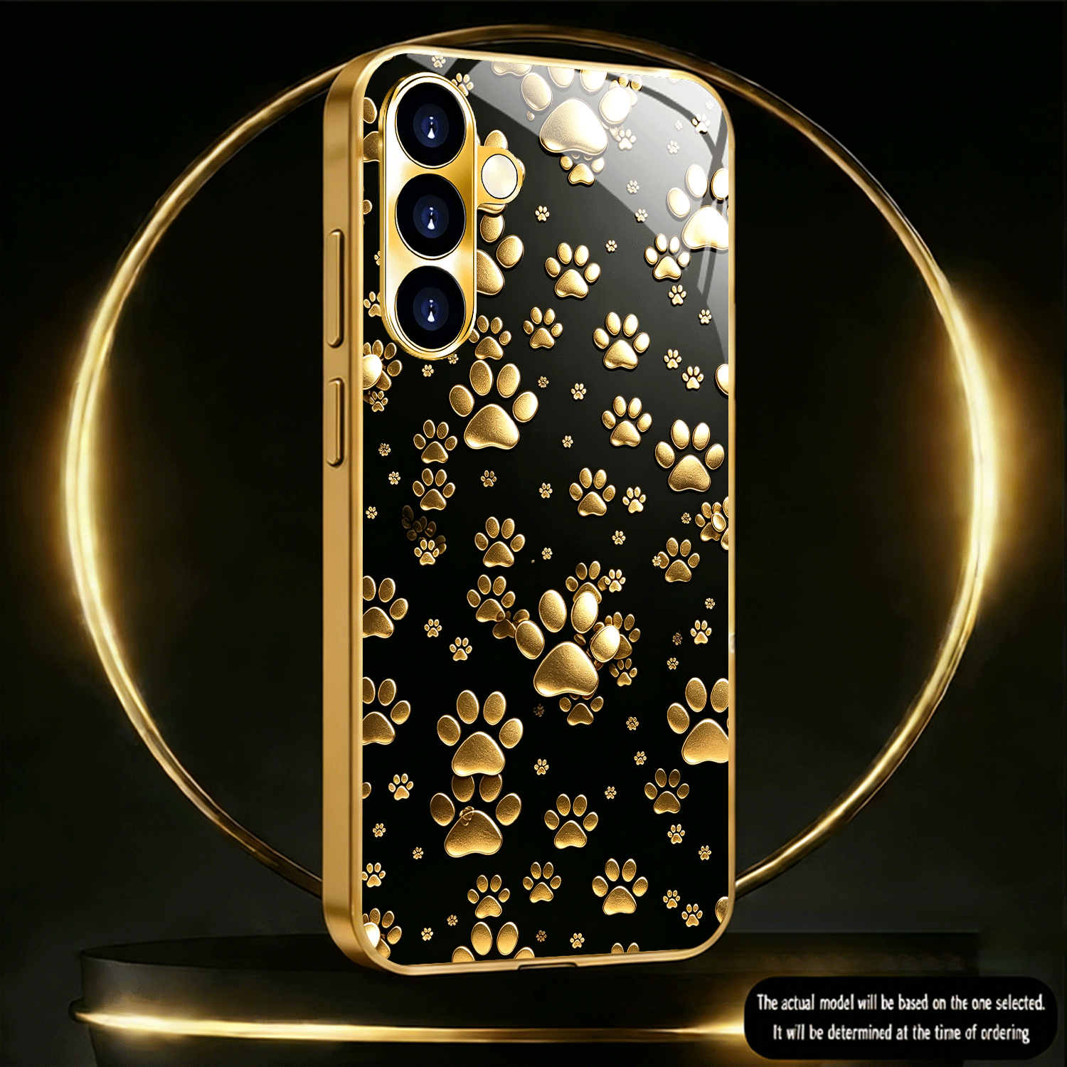 TEMU Phone Case - Full Print Gold-plated Paw Print Pattern Electroplated Golden Tempered Glass Phone Case Suitable For Galaxy